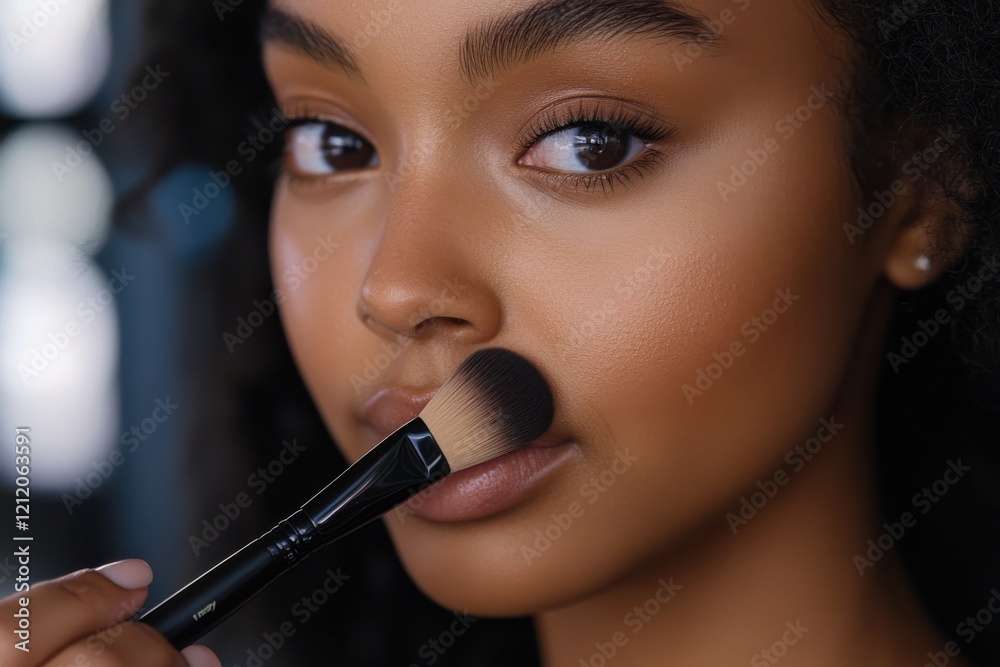 Young woman applying makeup with a brush in a well-lit indoor setting during the day Young woman applying makeup with a brush in a well-lit indoor setting during the day