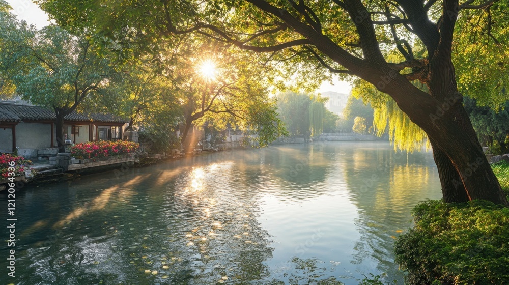 Obraz premium A serene lakeside landscape with trees lining 