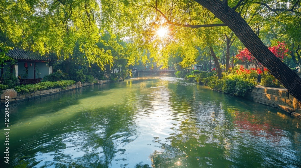 A serene lakeside landscape with trees lining
A serene lakeside landscape with trees lining