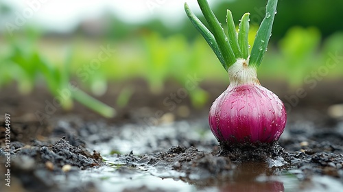 Vibrant Red Onion Sprout in a Garden Bed photo