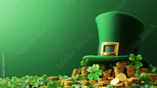 Gorro de leprechaun por día de san patricio junto a trebol de cuatro hojas cerveza y otros elementos propios de la festividad