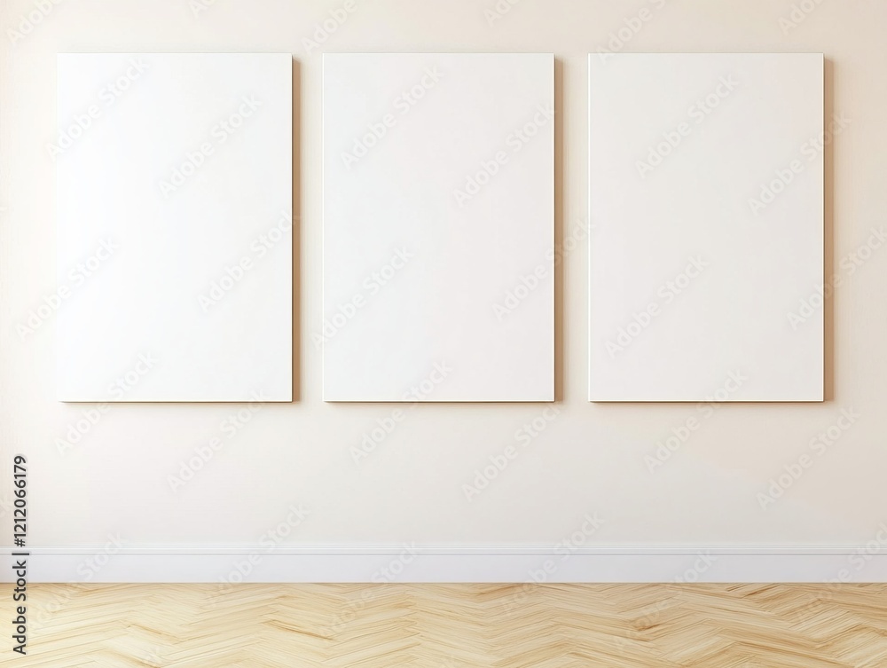 Empty Gallery Wall with Three Blank Canvases. Minimalist Interior Design. Modern Home Decor. Clean and Elegant Space. Empty Gallery Wall with Three Blank Canvases. Minimalist Interior Design. Modern Home Decor. Clean and Elegant Space.
