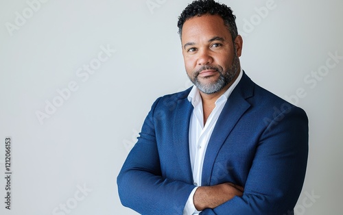 A confident full-figured man with a trimmed beard and kind eyes, wearing a formal blue blazer, posed on a clean white background