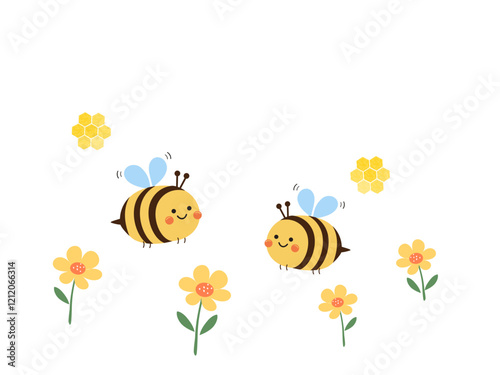 Bee cartoon, honey sign and yellow flower icon set isolated on white background vector.