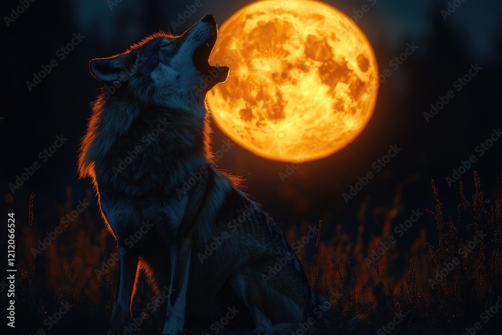 Fototapeta premium A wolf sits in front of a full moon, surrounded by darkness