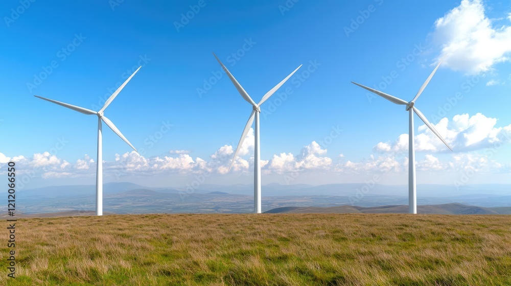 Three wind turbines on a hilltop, clear sky, renewable energy Three wind turbines on a hilltop, clear sky, renewable energy