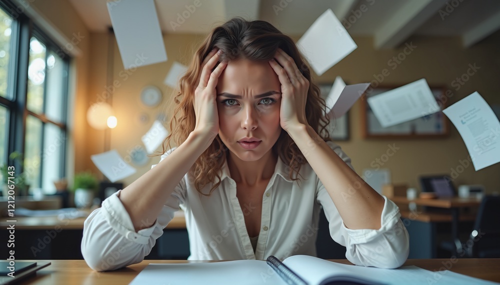 Stressed woman in office with flying papers, symbolizes work pressure and distraction Stressed woman in office with flying papers, symbolizes work pressure and distraction