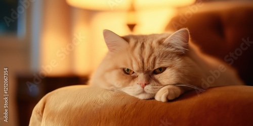  A close-up portrait of a cat with a look of disapproval sitting in a plush sofa photo