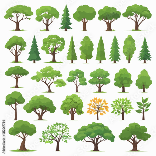  tree set. Different types of forest plants. Coniferous and deciduous. summer pine High oak. low wood Green petals. The landscape is lush green. botanical