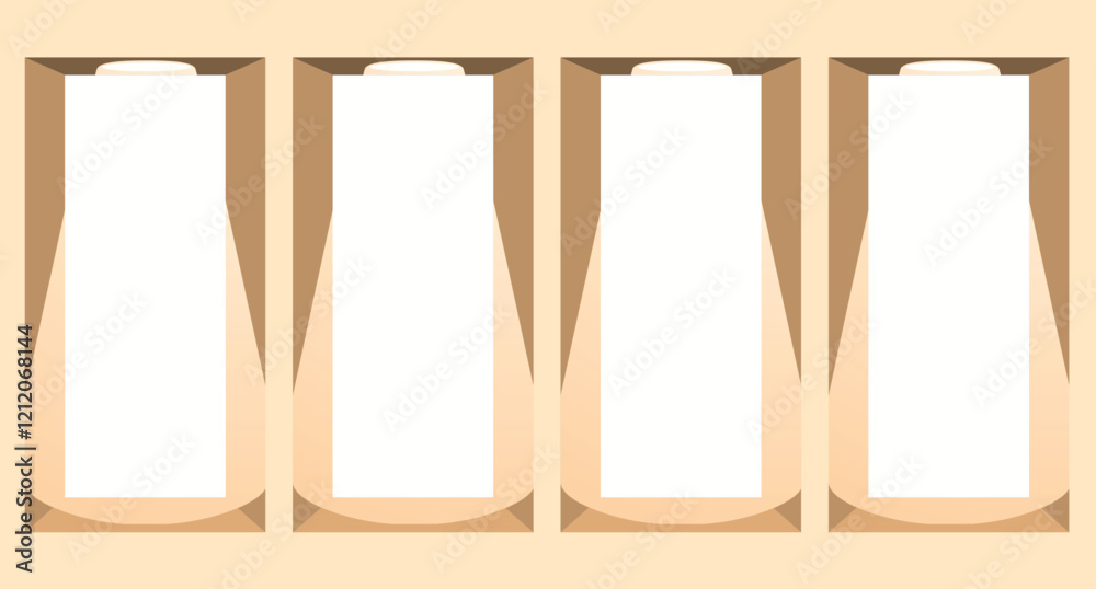 Four blank white juice or milk carton boxes in a light brown cardboard holder are displayed, showcasing product packaging for branding and advertising purposes Four blank white juice or milk carton boxes in a light brown cardboard holder are displayed, showcasing product packaging for branding and advertising purposes