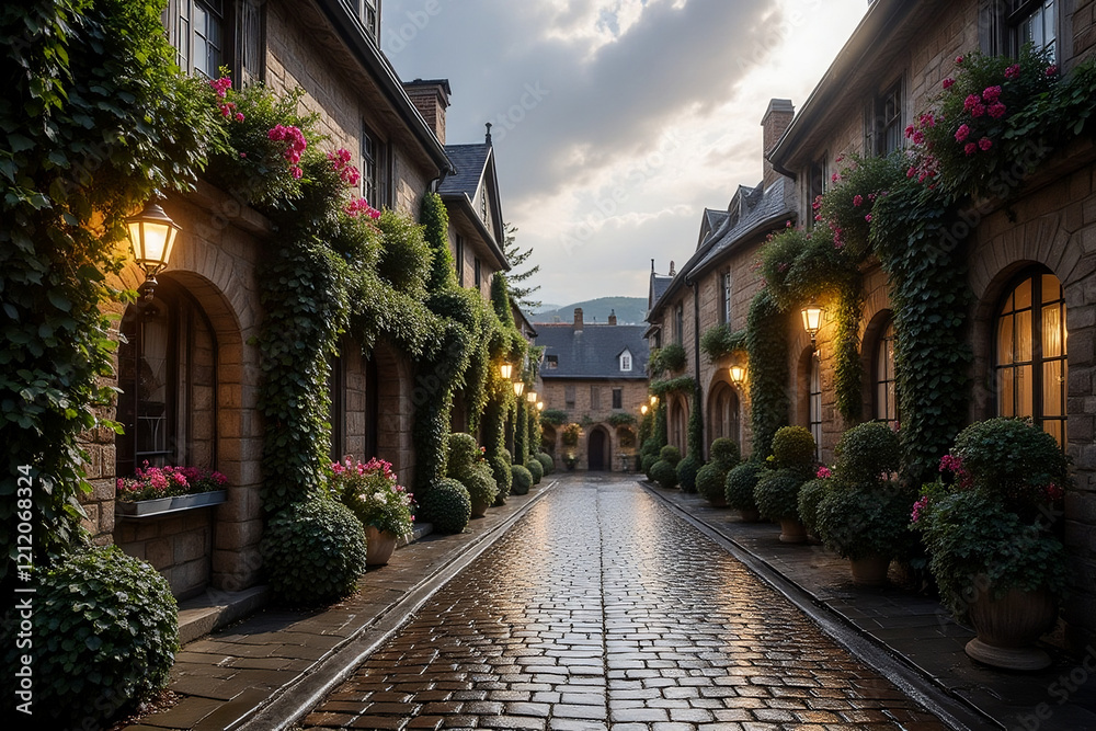 Fototapeta premium Vintage Cobblestone Alley with Ivy-Covered Houses.