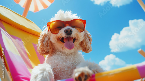 A happy dog wearing bright orange sunglasses lounging on a colorful beach chair, enjoying a sunny day at the beach, capturing a fun and lively summer vibe.