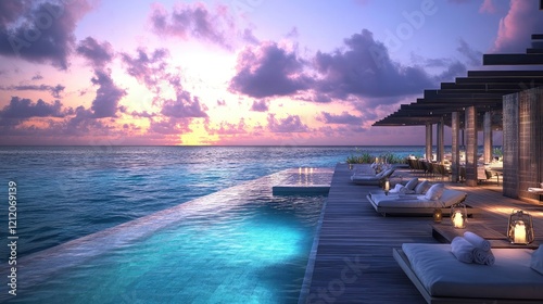 A serene infinity pool overlooking a sunset-lit ocean.