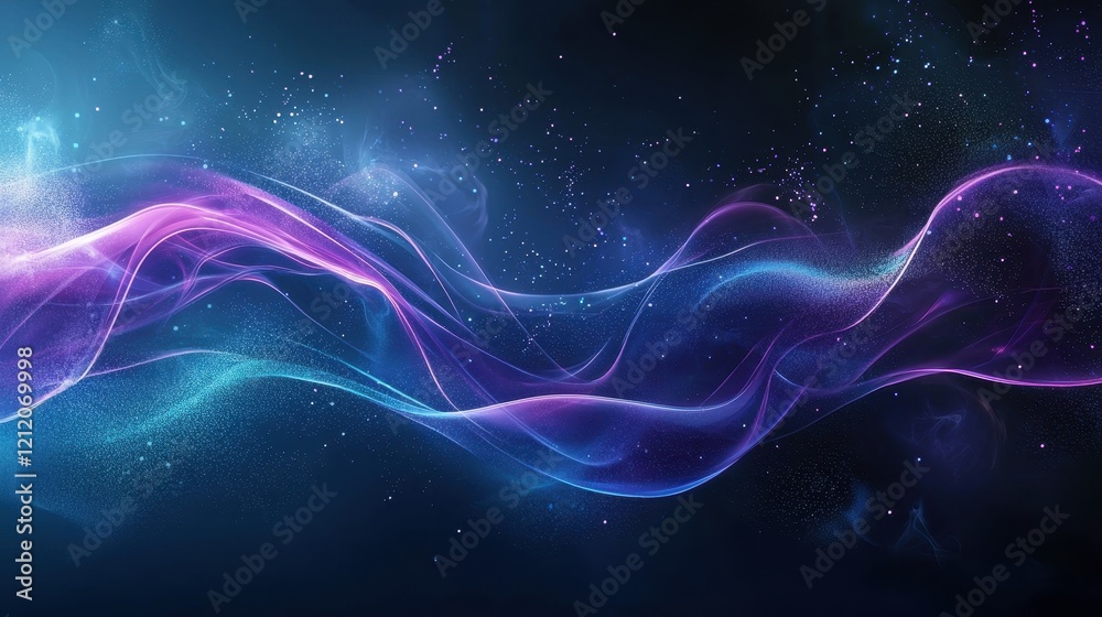 Obraz premium Abstract waves of vibrant purple and blue light move gracefully in a dark cosmic background, creating an enchanting visual of fluid motion and ethereal beauty.