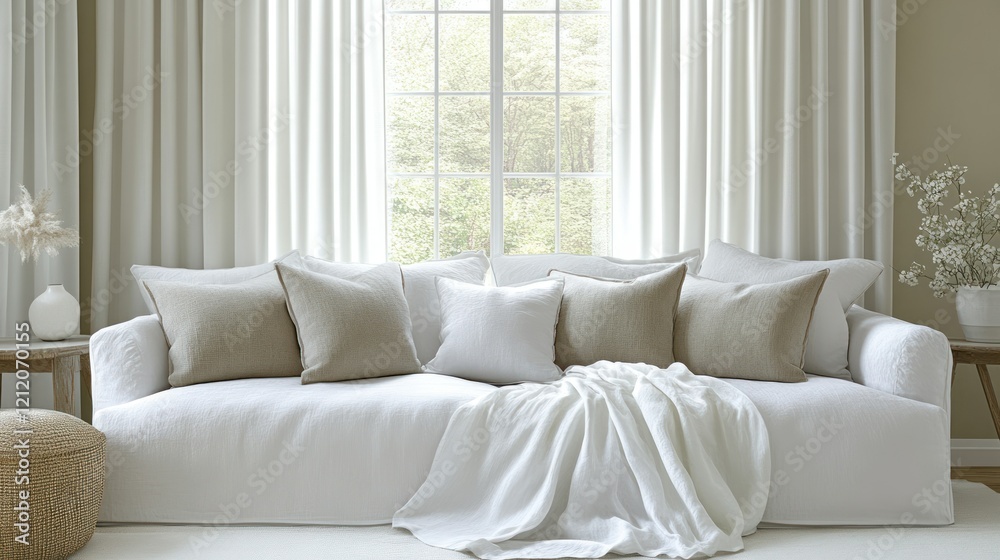 Fototapeta premium Serene Living Room with Linen Sofa and Natural Light