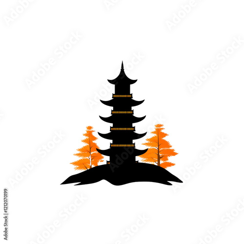 Serene Autumn Pagoda Silhouette Illustration