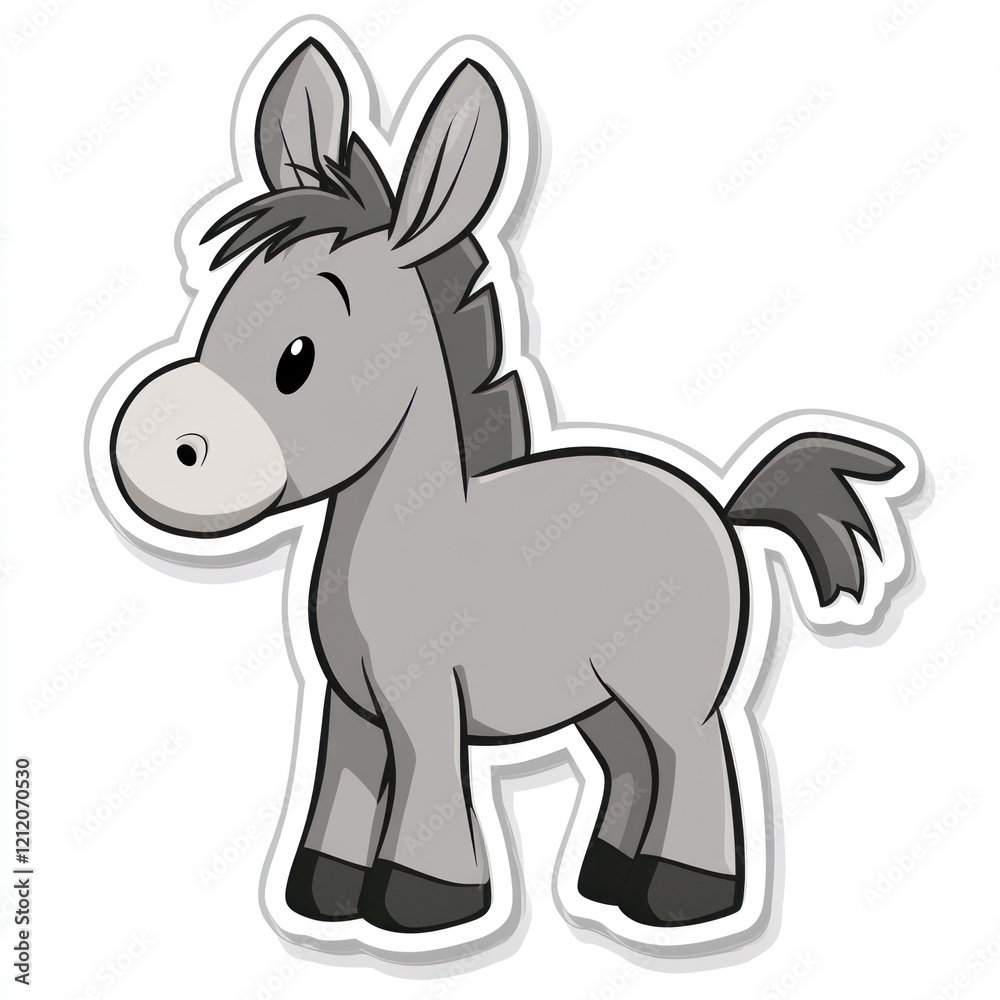 Fototapeta premium Cartoon gray donkey, standing with a white outline, on a plain background for children's books