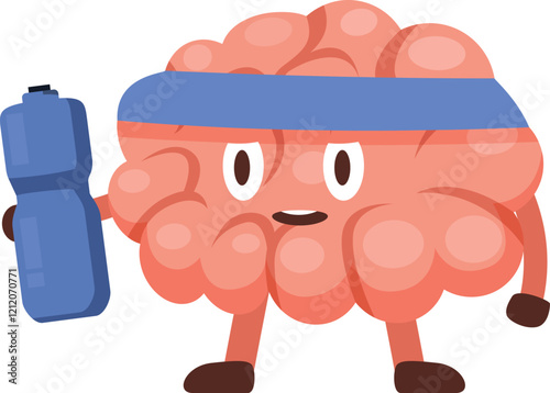 Cartoon brain character promoting mental health and wellness by staying hydrated and exercising