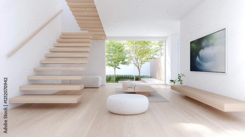 Fototapeta premium Modern minimalist living room with stairs, garden view, and TV