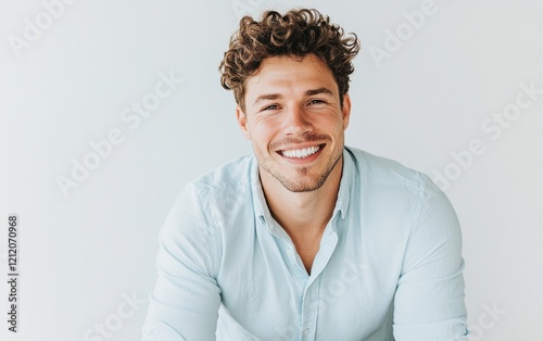 A relaxed full-figured man with short curly hair and a gentle smile, wearing a light blue button-up shirt, posed on a clean white surface