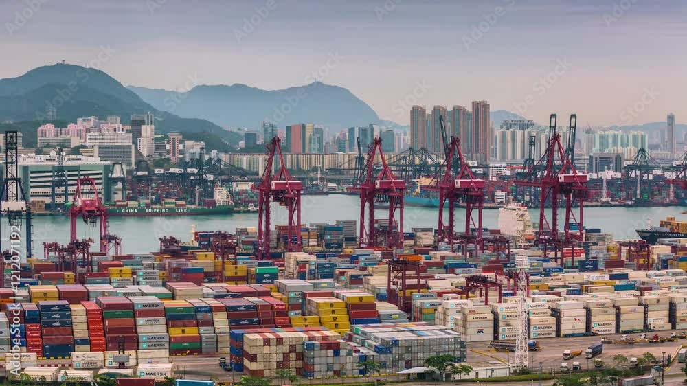HONG KONG, CHINA - JANUARY 11, 2025: Containers stacked at bustling harbor with cranes operating in the background of the city skyline
