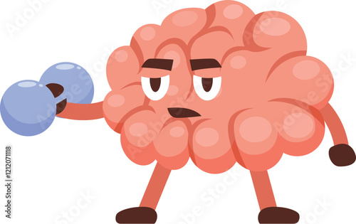 Cartoon brain character diligently lifting weights, symbolizing mental exercise and cognitive enhancement