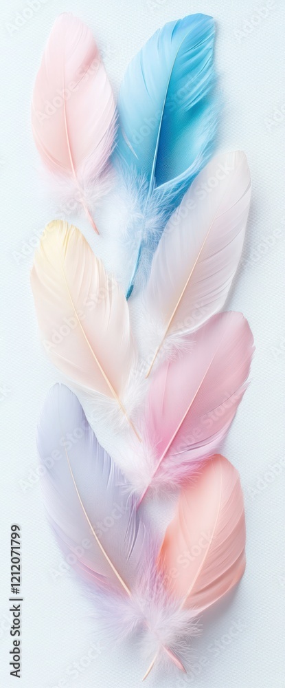 Pastel feathers arranged on white background Pastel feathers arranged on white background
