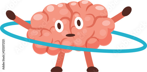Cartoon brain doing hula hoop exercise, representing mental fitness, cognitive health, and active lifestyle for a sharp mind