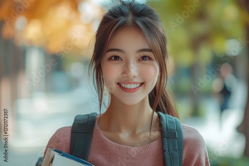 A happy woman carrying a backpack and holding a book, perfect for travel or education themed projects photo