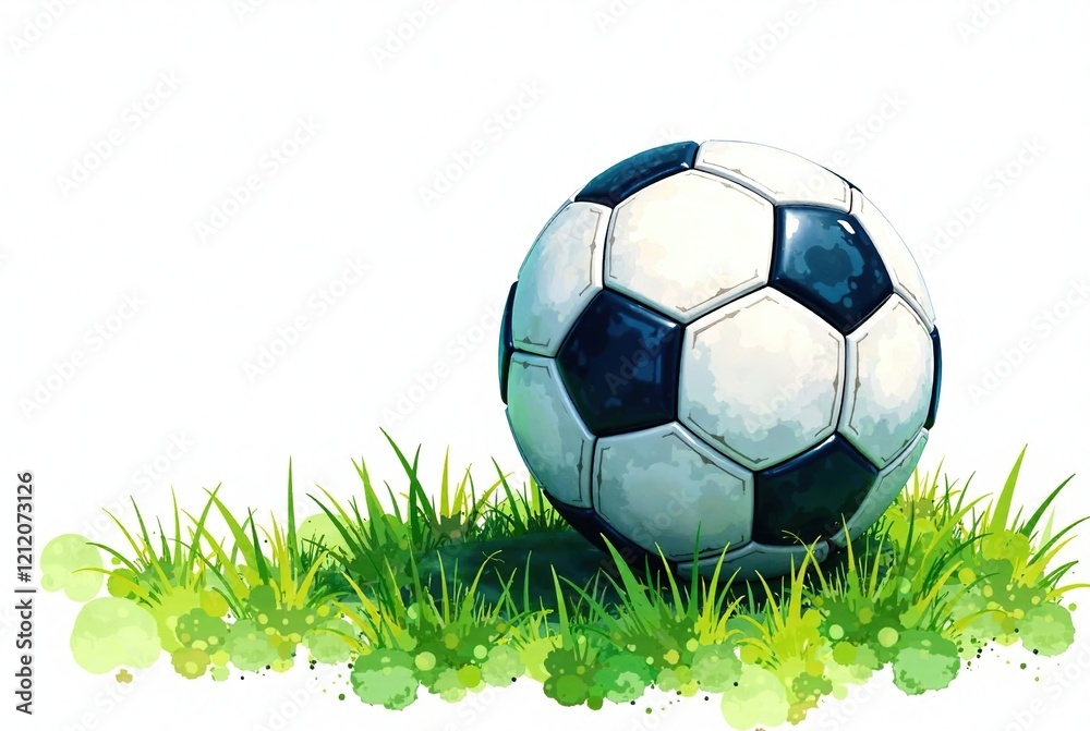 Fototapeta premium Soccer Ball on Lush Green Field Watercolor Painting