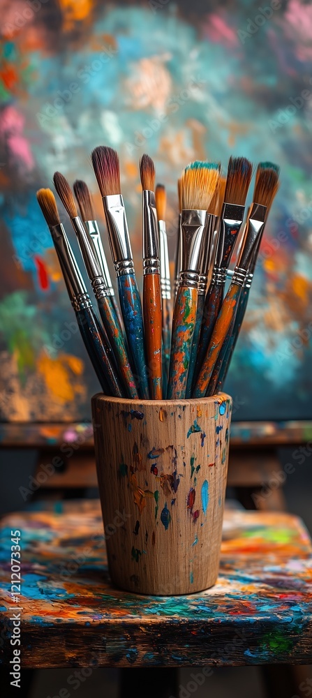 Fototapeta premium wooden cup on table hold many colorful brushes