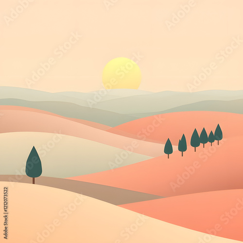 Wallpaper Mural Pastel Minimalist Landscape with Rolling Hills and Abstract Trees Torontodigital.ca