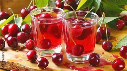 Cherry juice with cherries in glass cups on a wooden table photo