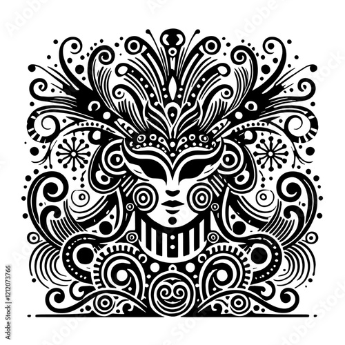 Intricate Stylized Face: Black and White Ornate Design, Carnival Mask, illustration