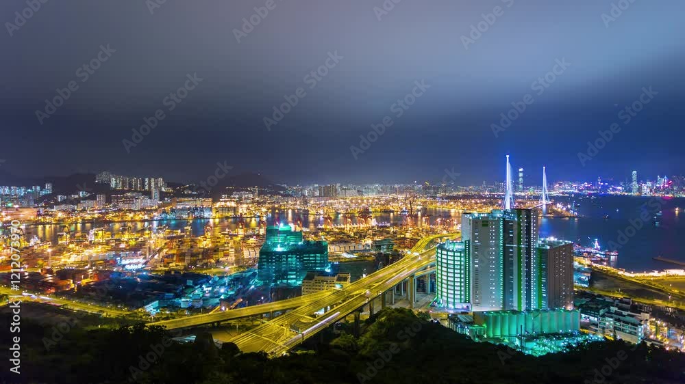 HONG KONG, CHINA - JANUARY 11, 2025: Stunning nighttime view of Hong Kongs vibrant harbor filled with cargo containers and bright city lights HONG KONG, CHINA - JANUARY 11, 2025: Stunning nighttime view of Hong Kongs vibrant harbor filled with cargo containers and bright city lights