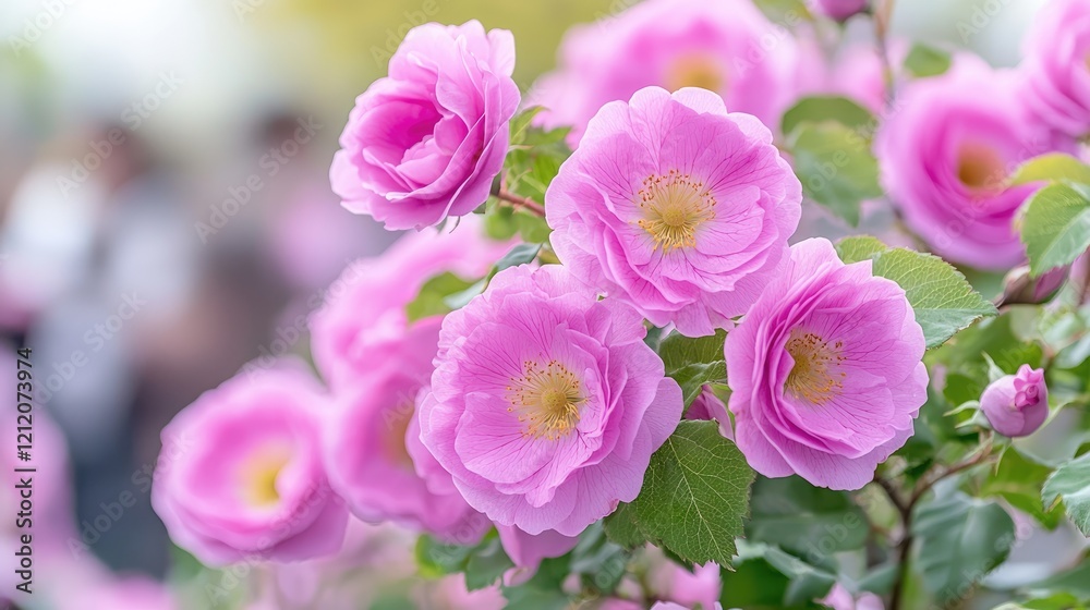 Obraz premium Vibrant pink roses bloom in a sunny garden during springtime, showcasing delicate petals and lush green leaves in a close-up shot.