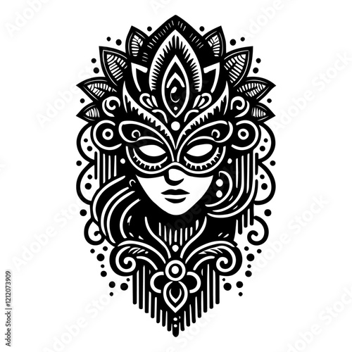 Intricate Stylized Face: Black and White Ornate Design, Carnival Mask, illustration