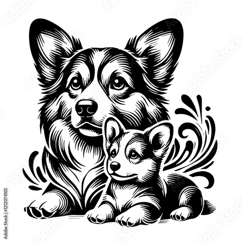 Corgi and Puppy Dog Illustration.