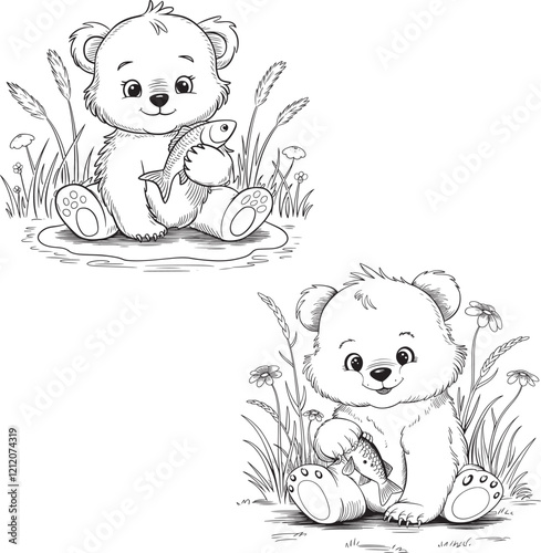 Monochrome line art bear coloring page illustration