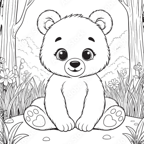 Monochrome line art bear coloring page illustration
