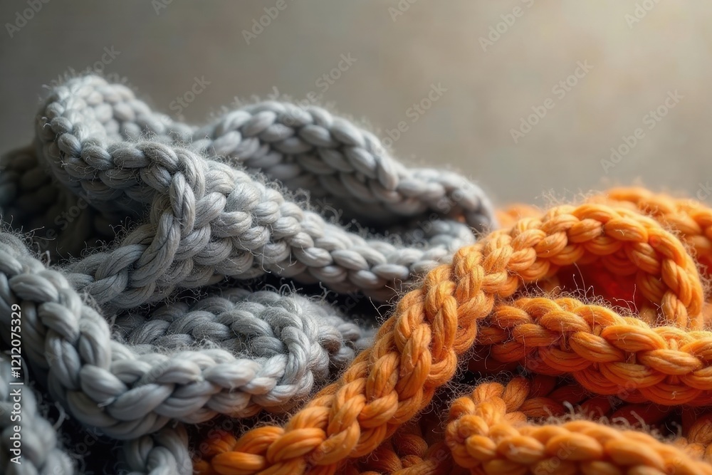 Close-up view of textured hand-knitted woolen yarn in soft gray and vibrant orange hues Close-up view of textured hand-knitted woolen yarn in soft gray and vibrant orange hues