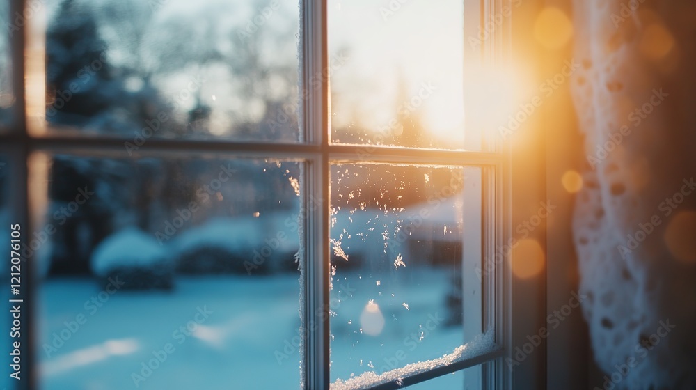 Naklejka premium Serene Winter Wonderland Through Blurred Window with Sunlight Streaming In, Creating a Tranquil and Peaceful Atmosphere