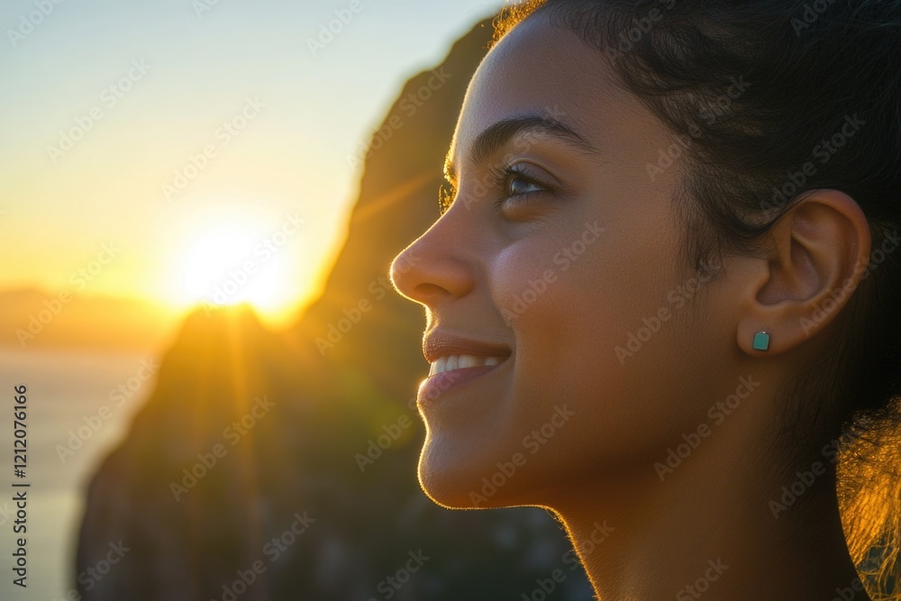 A woman enjoys the beautiful sunset with a warm smile A woman enjoys the beautiful sunset with a warm smile