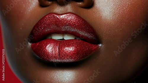 Glossy red lips shine brightly against a rich backdrop, showcasing stunning beauty and vibrant makeup techniques