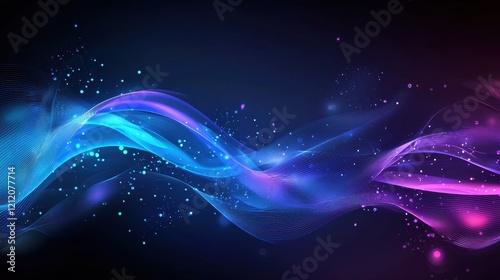 Abstract colorful wave motion on dark background with glowing particles and light trails for creative design, technology concepts, or artistic backgrounds