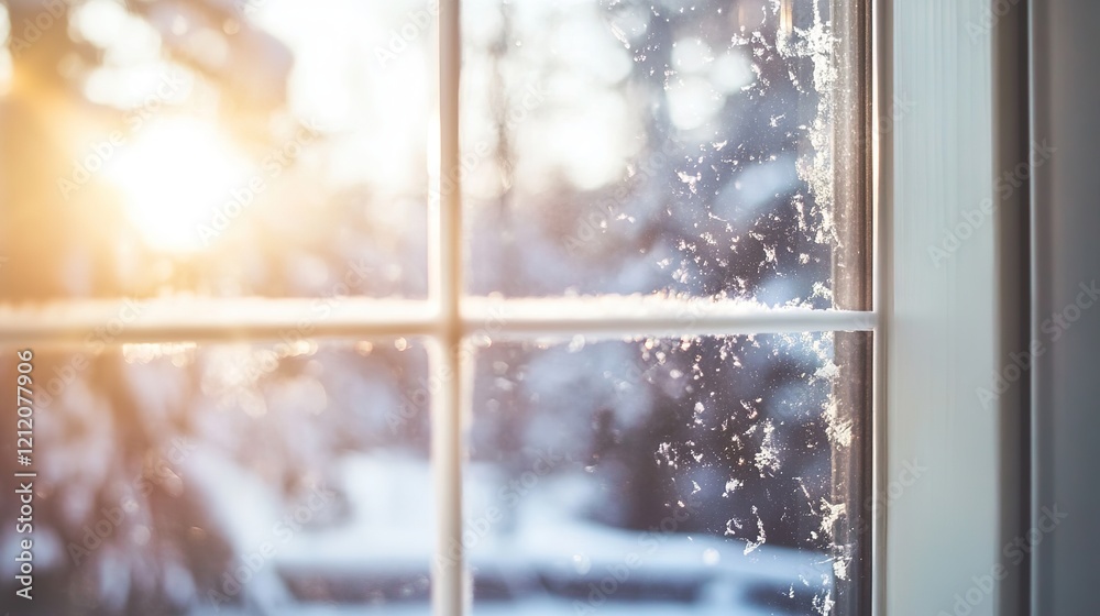 Naklejka premium Serene Winter Wonderland Through Blurred Window with Sunlight Streaming In, Creating a Tranquil and Peaceful Atmosphere