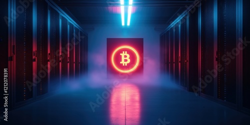  A futuristic data center with glowing orange and blue servers, a neon hologram of a glowing coin like Bitcoin symbolising cryptocurrency
