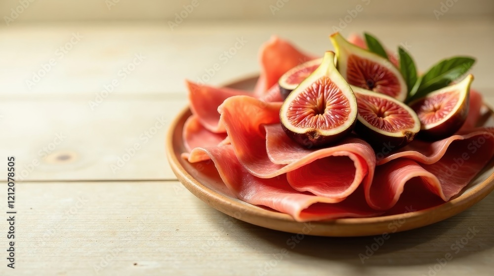 Delicate slices of cured meat arranged artfully on a plate, adorned with fresh fig halves and vibrant green leaves. Delicate slices of cured meat arranged artfully on a plate, adorned with fresh fig halves and vibrant green leaves.