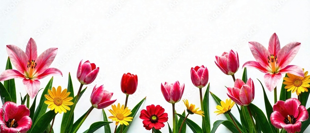 Blooming Floral Border - Pink Lilies, Tulips, Red Flowers, Daisies Blooming Floral Border - Pink Lilies, Tulips, Red Flowers, Daisies