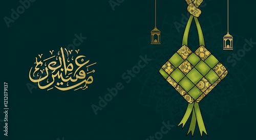 A creative Eid greeting card design featuring a ketupat illustration with intricate patterns photo